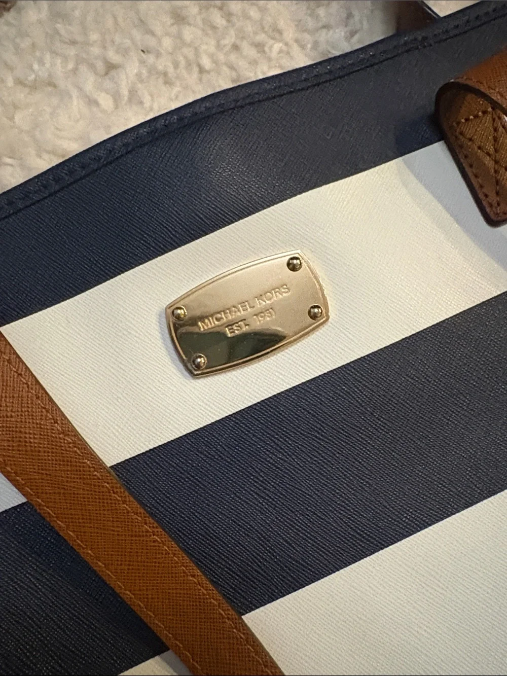 Michael Kors Navy and White Striped Shoulder Tote with Brown Handle